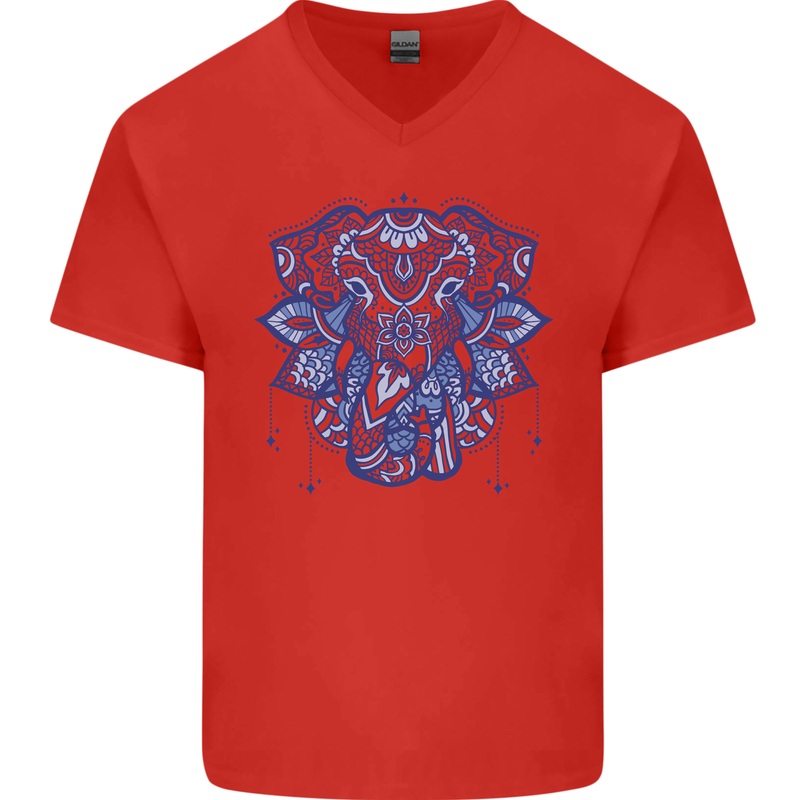 Mandala Art Elephant Mens V-Neck Cotton T-Shirt Red