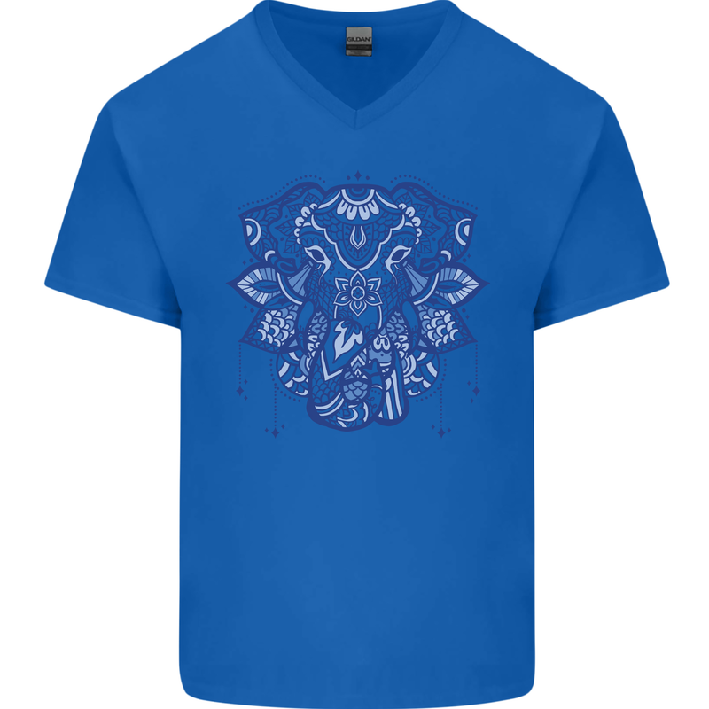 Mandala Art Elephant Mens V-Neck Cotton T-Shirt Royal Blue