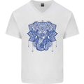 Mandala Art Elephant Mens V-Neck Cotton T-Shirt White