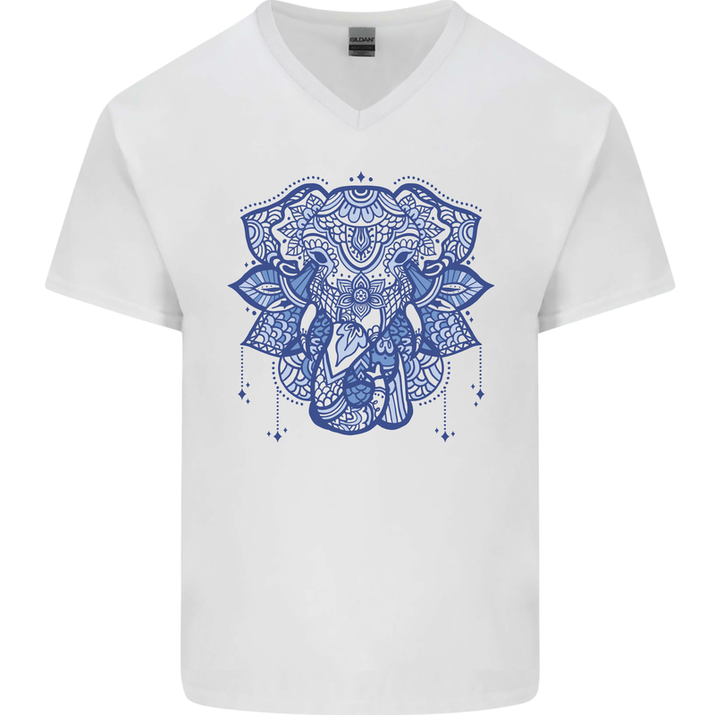 Mandala Art Elephant Mens V-Neck Cotton T-Shirt White