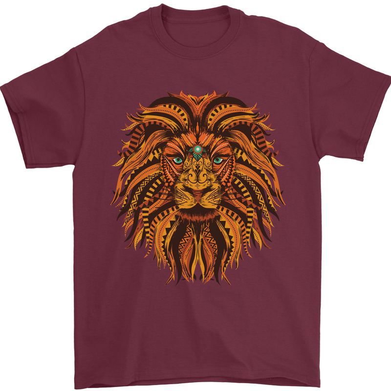 Mandala Art Lion Mens T-Shirt 100% Cotton Maroon