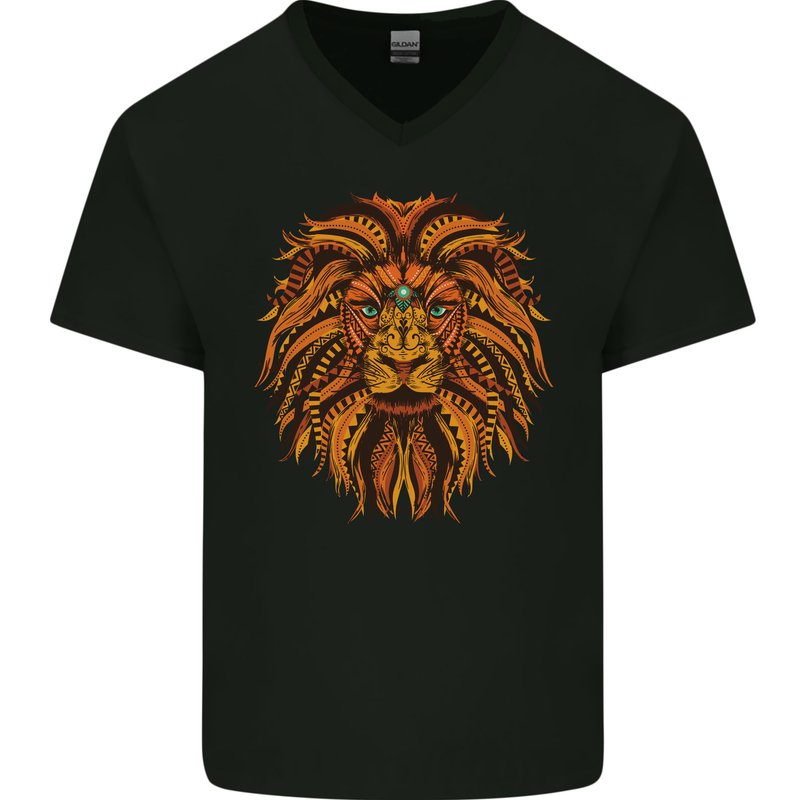 Mandala Art Lion Mens V-Neck Cotton T-Shirt Black