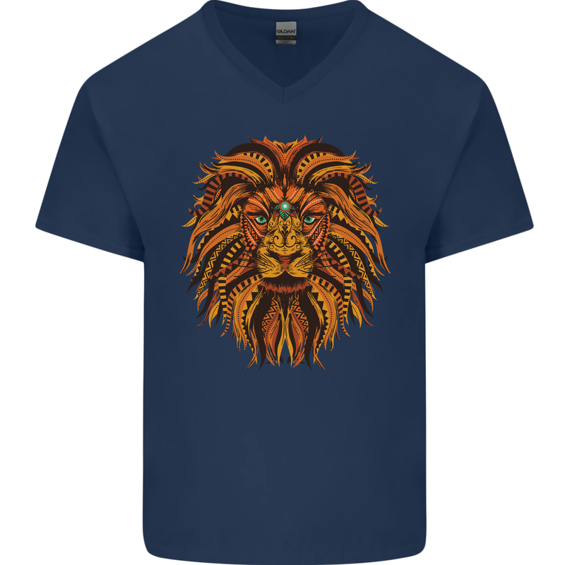 Mandala Art Lion Mens V-Neck Cotton T-Shirt Navy Blue