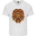 Mandala Art Lion Mens V-Neck Cotton T-Shirt White