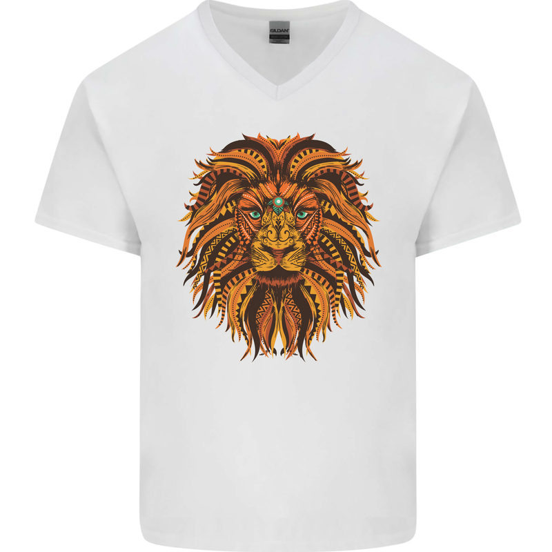 Mandala Art Lion Mens V-Neck Cotton T-Shirt White