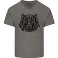 Mandala Art Tiger Mens V-Neck Cotton T-Shirt Charcoal