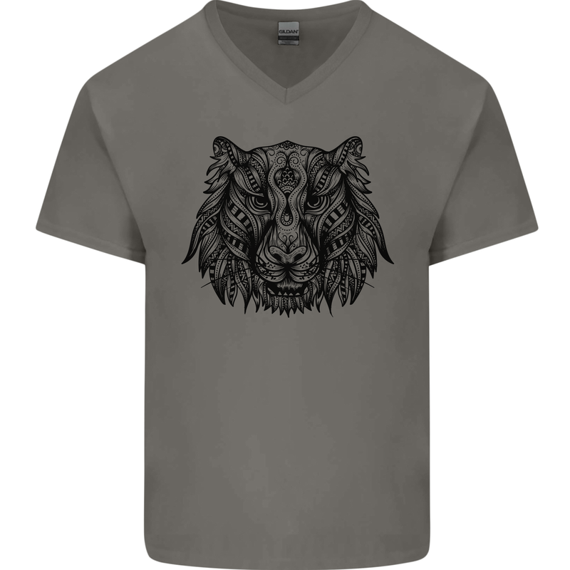Mandala Art Tiger Mens V-Neck Cotton T-Shirt Charcoal