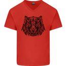 Mandala Art Tiger Mens V-Neck Cotton T-Shirt Red