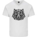 Mandala Art Tiger Mens V-Neck Cotton T-Shirt White