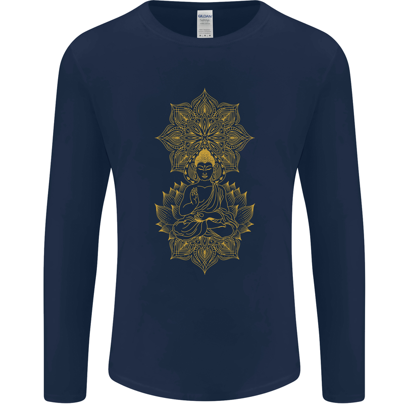 Mandala Buddha Art Mens Long Sleeve T-Shirt Navy Blue