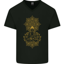 Mandala Buddha Art Mens V-Neck Cotton T-Shirt Black