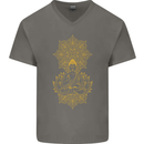 Mandala Buddha Art Mens V-Neck Cotton T-Shirt Charcoal