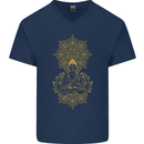 Mandala Buddha Art Mens V-Neck Cotton T-Shirt Navy Blue
