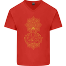 Mandala Buddha Art Mens V-Neck Cotton T-Shirt Red