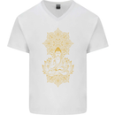 Mandala Buddha Art Mens V-Neck Cotton T-Shirt White