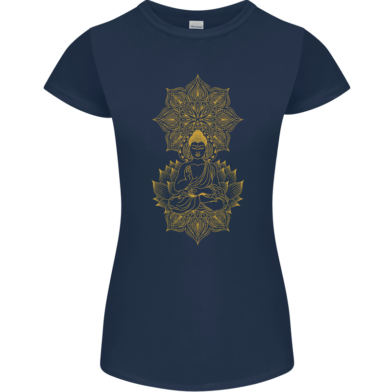 Mandala Buddha Art Womens Petite Cut T-Shirt Navy Blue