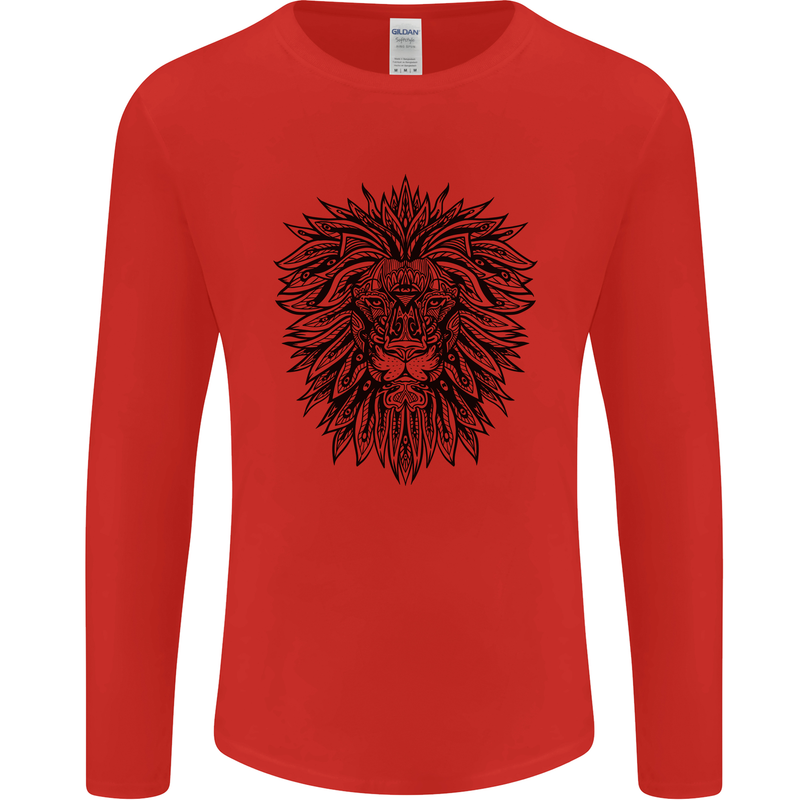 Mandala Lion Mens Long Sleeve T-Shirt Red
