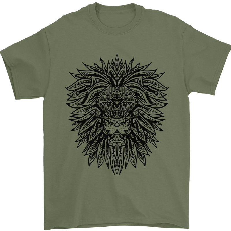 Mandala Lion Mens T-Shirt 100% Cotton Military Green
