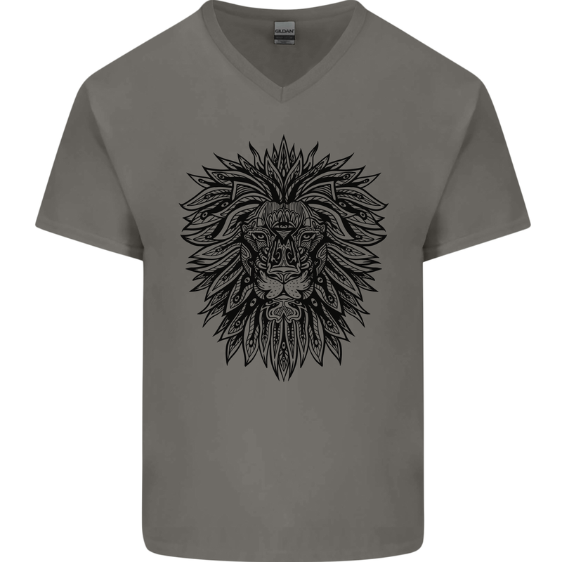 Mandala Lion Mens V-Neck Cotton T-Shirt Charcoal