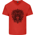 Mandala Lion Mens V-Neck Cotton T-Shirt Red