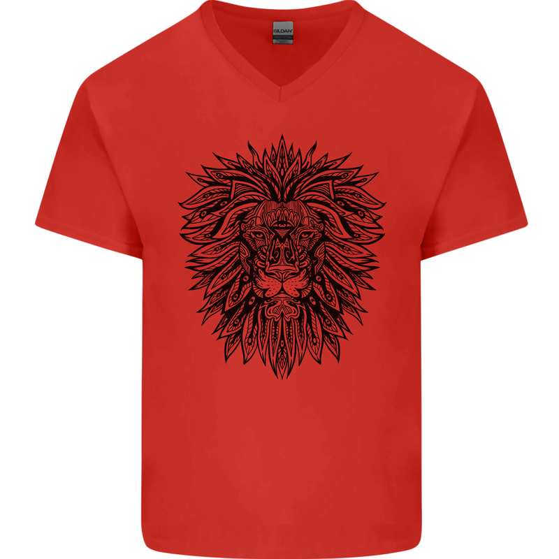 Mandala Lion Mens V-Neck Cotton T-Shirt Red