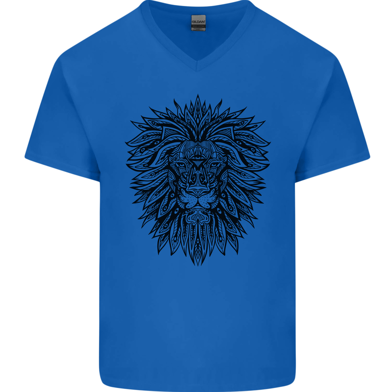 Mandala Lion Mens V-Neck Cotton T-Shirt Royal Blue