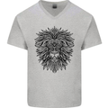 Mandala Lion Mens V-Neck Cotton T-Shirt Sports Grey