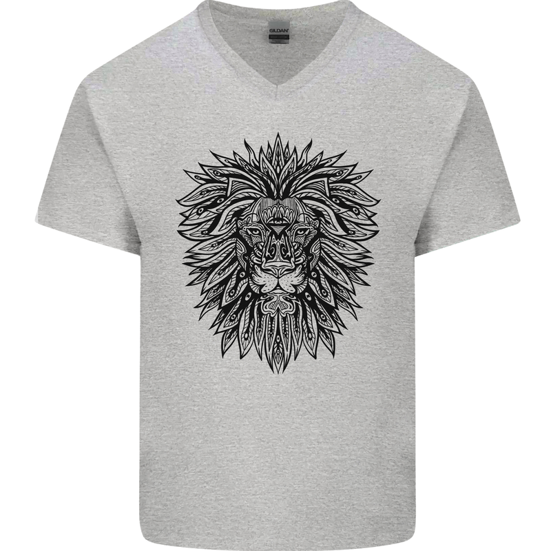 Mandala Lion Mens V-Neck Cotton T-Shirt Sports Grey