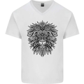 Mandala Lion Mens V-Neck Cotton T-Shirt White