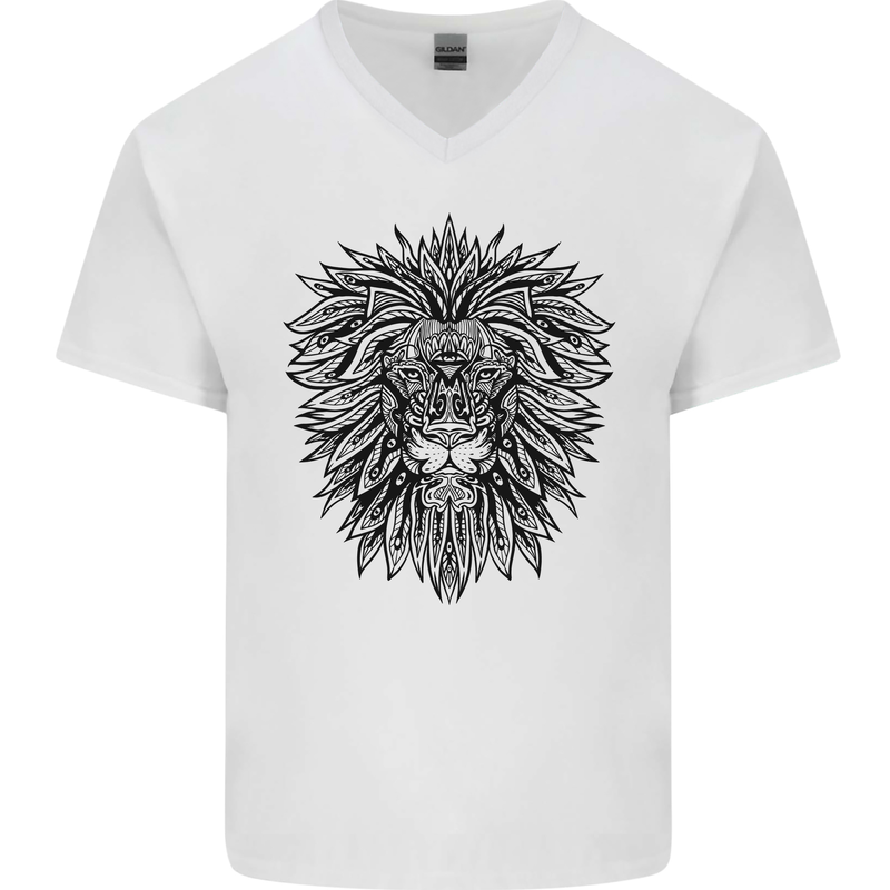 Mandala Lion Mens V-Neck Cotton T-Shirt White