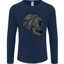 Mandala Skull Gothic Biker Motorbike Mens Long Sleeve T-Shirt Navy Blue