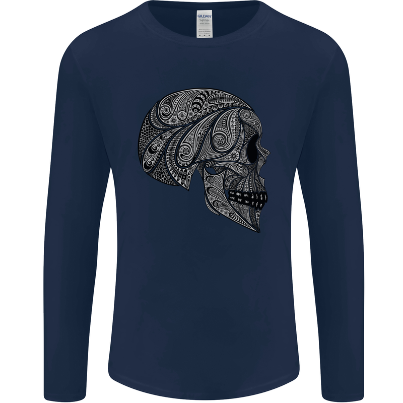 Mandala Skull Gothic Biker Motorbike Mens Long Sleeve T-Shirt Navy Blue