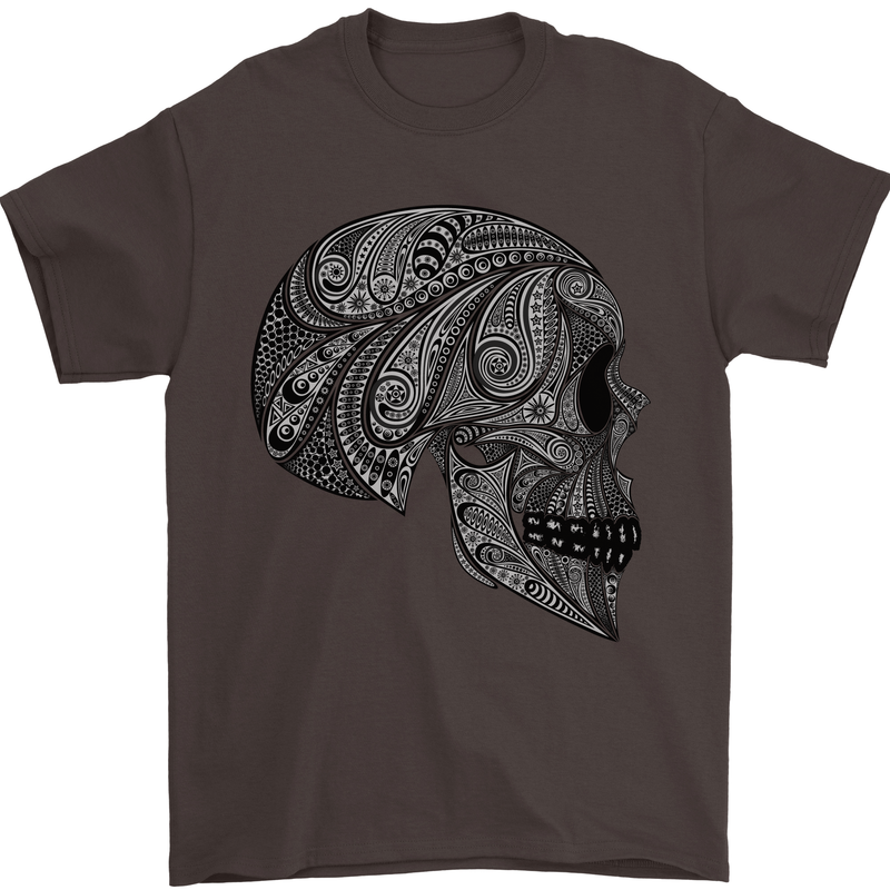 Mandala Skull Gothic Biker Motorbike Mens T-Shirt Cotton Gildan Dark Chocolate