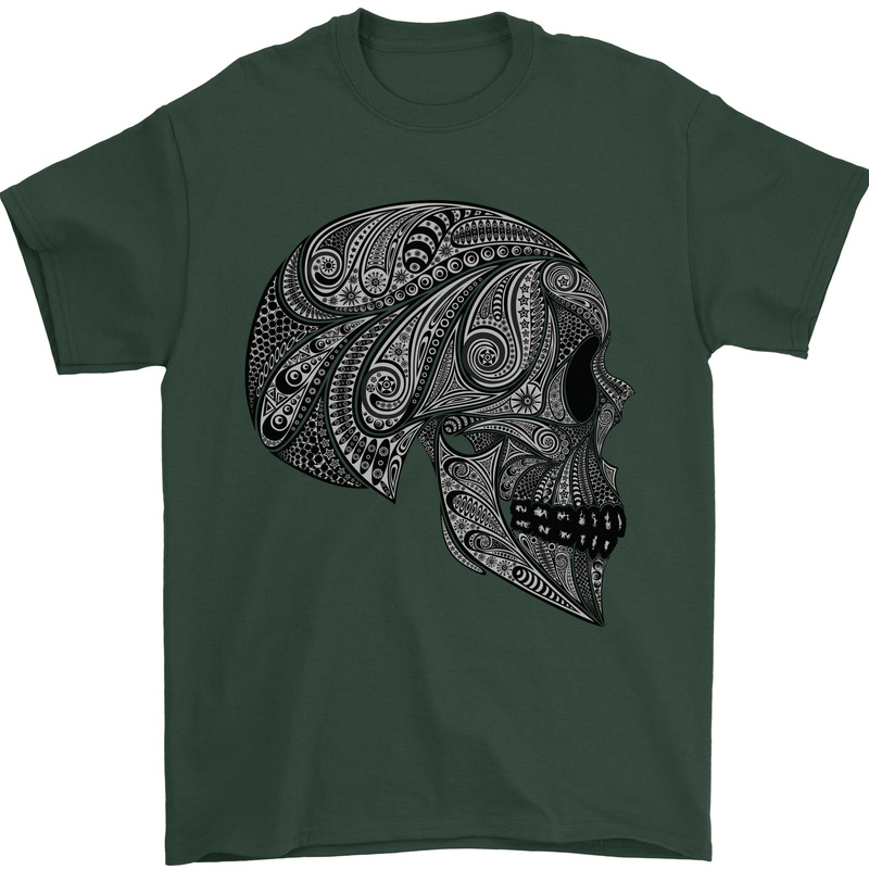 Mandala Skull Gothic Biker Motorbike Mens T-Shirt Cotton Gildan Forest Green