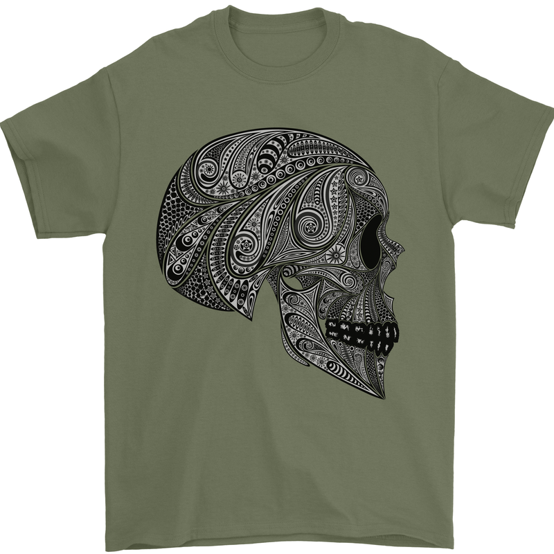 Mandala Skull Gothic Biker Motorbike Mens T-Shirt Cotton Gildan Military Green
