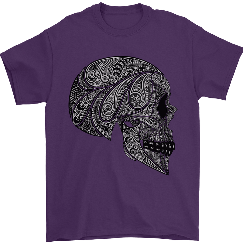 Mandala Skull Gothic Biker Motorbike Mens T-Shirt Cotton Gildan Purple