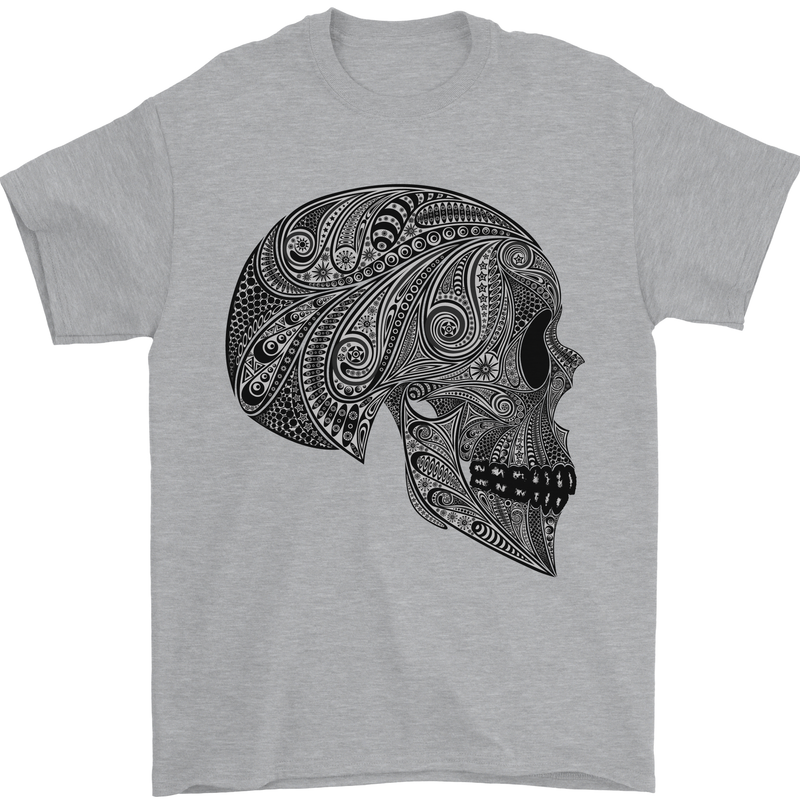 Mandala Skull Gothic Biker Motorbike Mens T-Shirt Cotton Gildan Sports Grey