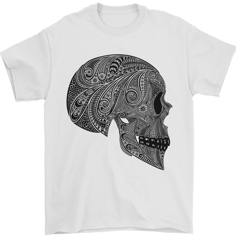Mandala Skull Gothic Biker Motorbike Mens T-Shirt Cotton Gildan White