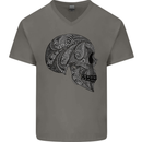 Mandala Skull Gothic Biker Motorbike Mens V-Neck Cotton T-Shirt Charcoal