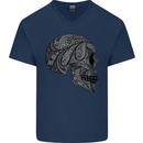 Mandala Skull Gothic Biker Motorbike Mens V-Neck Cotton T-Shirt Navy Blue