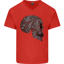 Mandala Skull Gothic Biker Motorbike Mens V-Neck Cotton T-Shirt Red