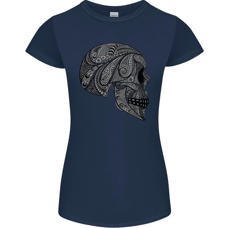 Mandala Skull Gothic Biker Motorbike Womens Petite Cut T-Shirt Navy Blue