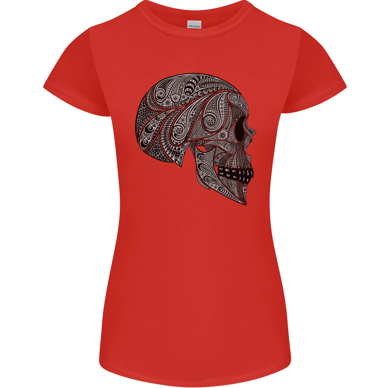Mandala Skull Gothic Biker Motorbike Womens Petite Cut T-Shirt Red
