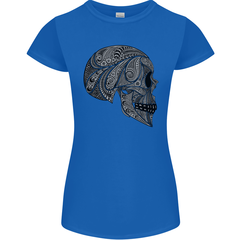 Mandala Skull Gothic Biker Motorbike Womens Petite Cut T-Shirt Royal Blue