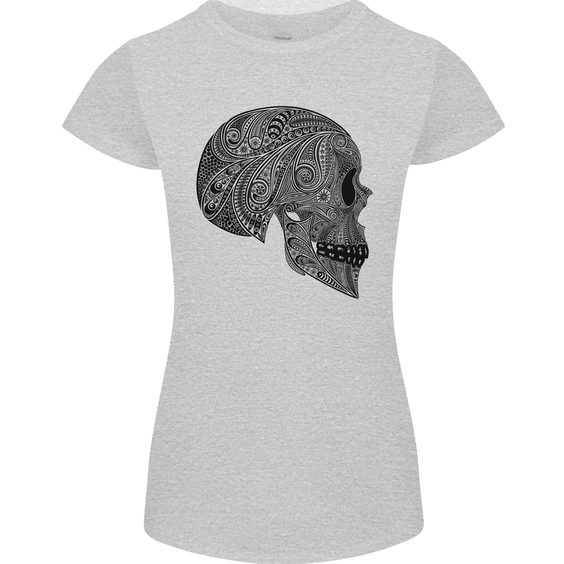 Mandala Skull Gothic Biker Motorbike Womens Petite Cut T-Shirt Sports Grey
