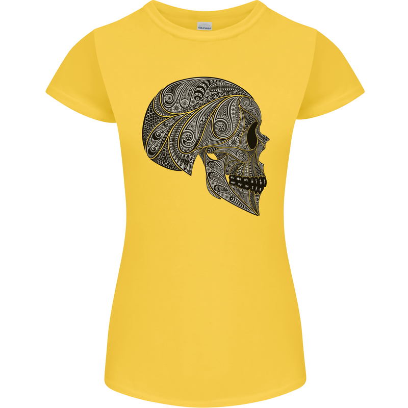 Mandala Skull Gothic Biker Motorbike Womens Petite Cut T-Shirt Yellow