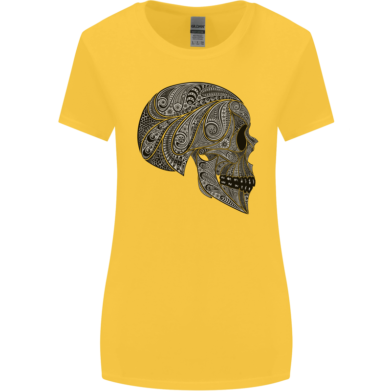 Mandala Skull Gothic Biker Motorbike Womens Wider Cut T-Shirt Yellow