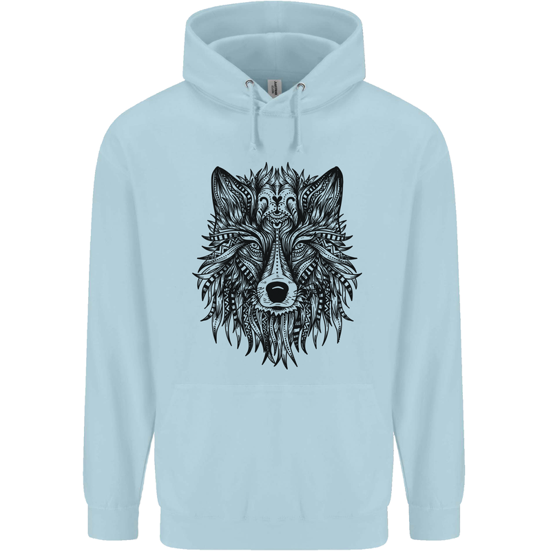 Mandala Tribal Wolf Tattoo Childrens Kids Hoodie Light Blue