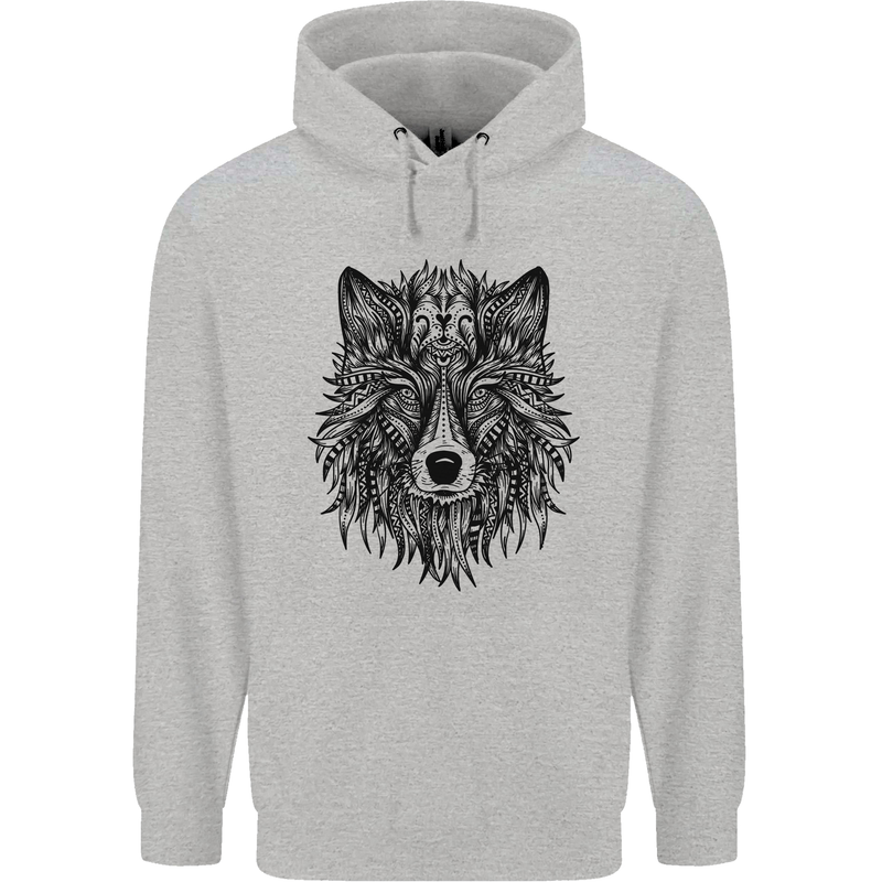 Mandala Tribal Wolf Tattoo Childrens Kids Hoodie Sports Grey