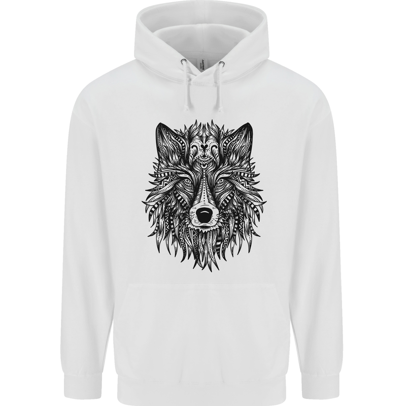 Mandala Tribal Wolf Tattoo Childrens Kids Hoodie White